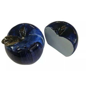 Vintage 3 Piece Apple Salt & Pepper Shaker Set Blue‎ Ceramic 2 1/2"x 2 1/2"